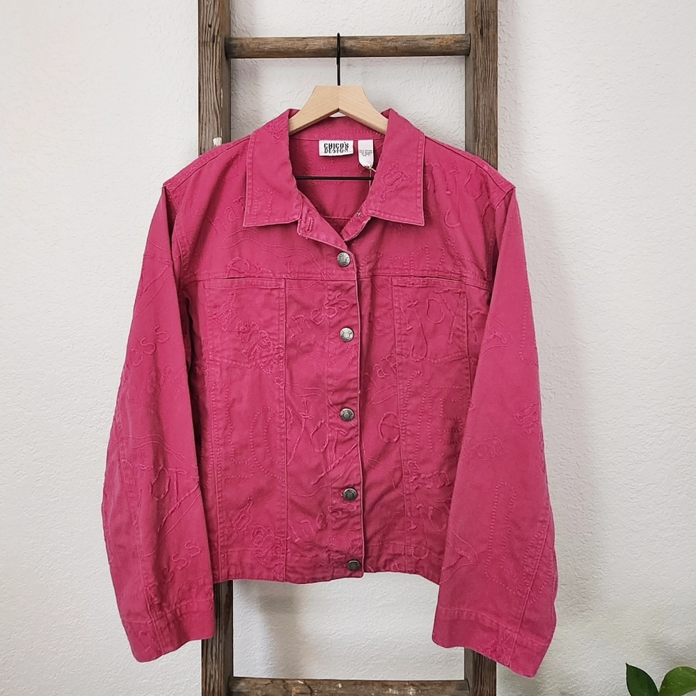 Pink vintage denim jacket with positive word stitching